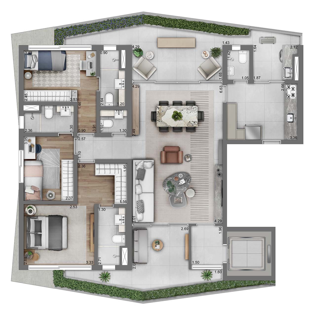 Planta do apartamento de 143m² com opção de cozinha fechada, 3 suítes, living 180º e 2 vagas - Funchal 641 