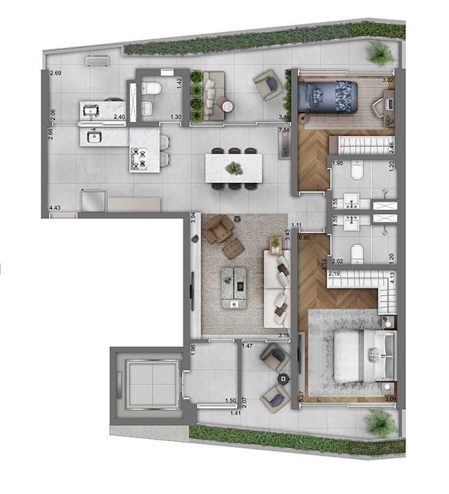 Planta do apartamento de 112m² com 2 suítes, living 180º e 2 vagas - Funchal 641 